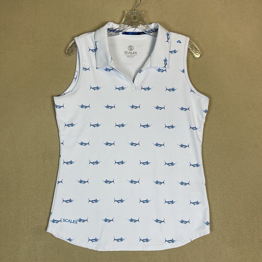 Scales‎ Polo Top Womens Medium White Sleeveless Tropical Marlin Print UV50+